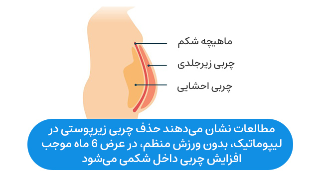 مطالعات نشان میدهند حذف چربی زیرپوستی در لیپوماتیک، بدون ورزش منظم، در عرض 6 ماه موجب افزایش چربی داخل شکمی میشود.